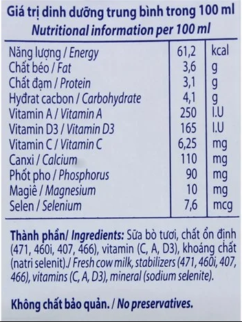 Giá trị dinh dưỡng trong sữa tươi không đường Vinamilk